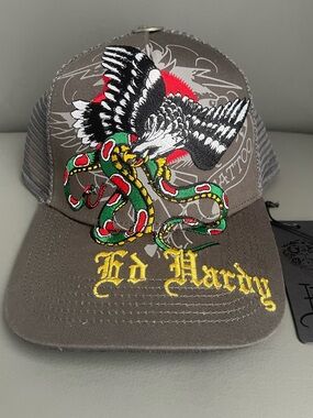 Ed Hardy Eagle Snake Snapback Trucker Hat Vintage Grey One Size